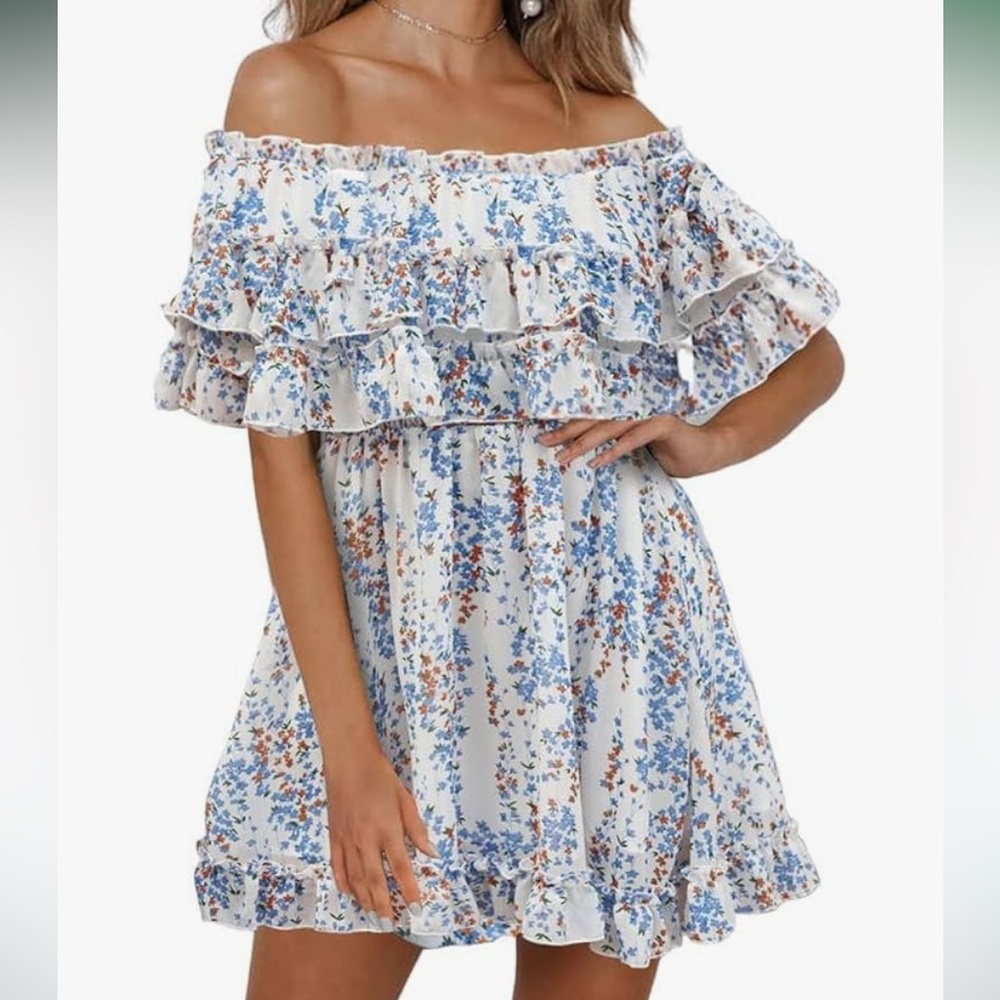 Floral off the shoulder sun dress.
